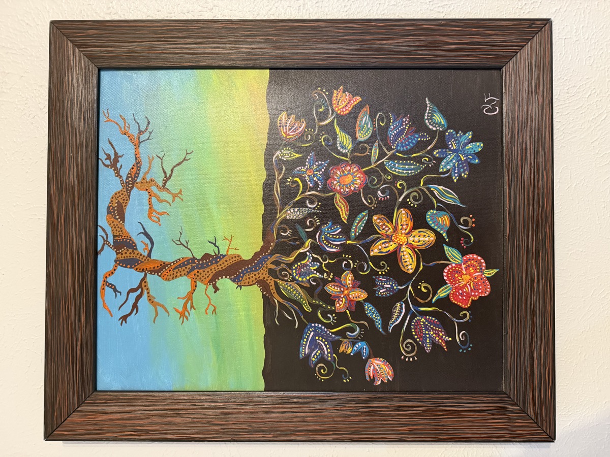 Tree with floral roots — acrylic painting by Christen Ferris